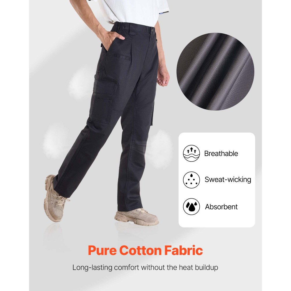 VEVOR Pantalones Resistentes al Fuego, Hombre, 100 % Algodón, con Múltiples Bolsillos y Cintura Elástica, Costuras Reforzadas Antidesgarro, a Trabajos de Soldadura y Ropa Informal, Talla M, Negro