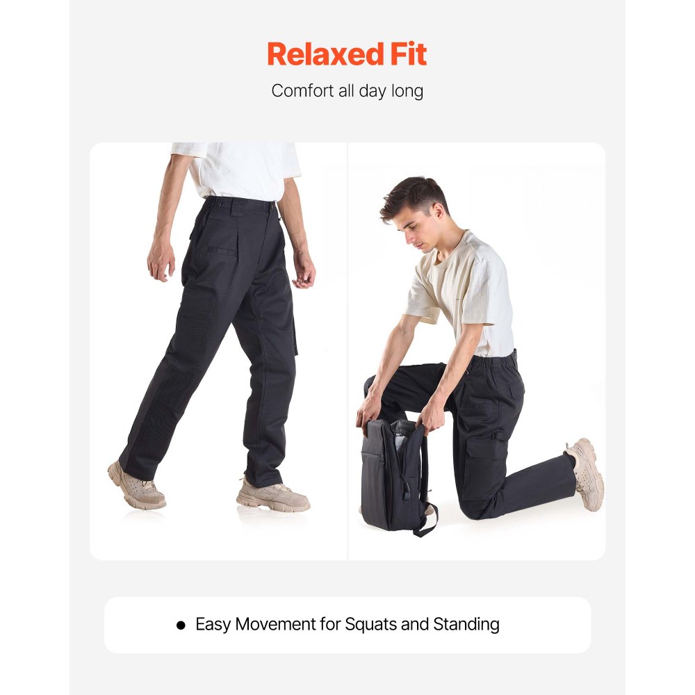 VEVOR Pantalones Resistentes al Fuego, Hombre, 100 % Algodón, con Múltiples Bolsillos y Cintura Elástica, Costuras Reforzadas Antidesgarro, a Trabajos de Soldadura y Ropa Informal, Talla M, Negro