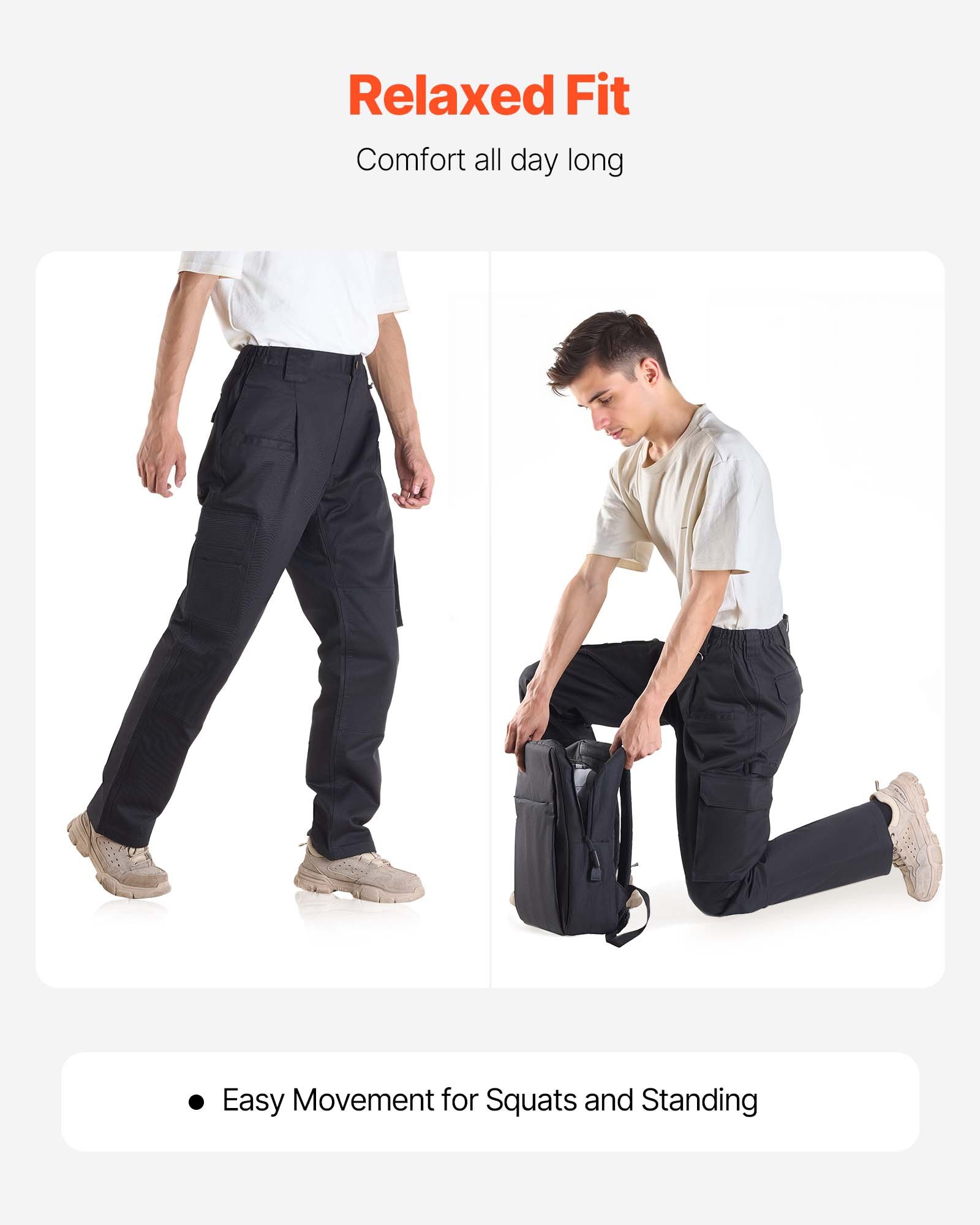 VEVOR Pantalones Resistentes al Fuego, Hombre, 100 % Algodón, con Múltiples Bolsillos y Cintura Elástica, Costuras Reforzadas Antidesgarro, a Trabajos de Soldadura y Ropa Informal, Talla M, Negro