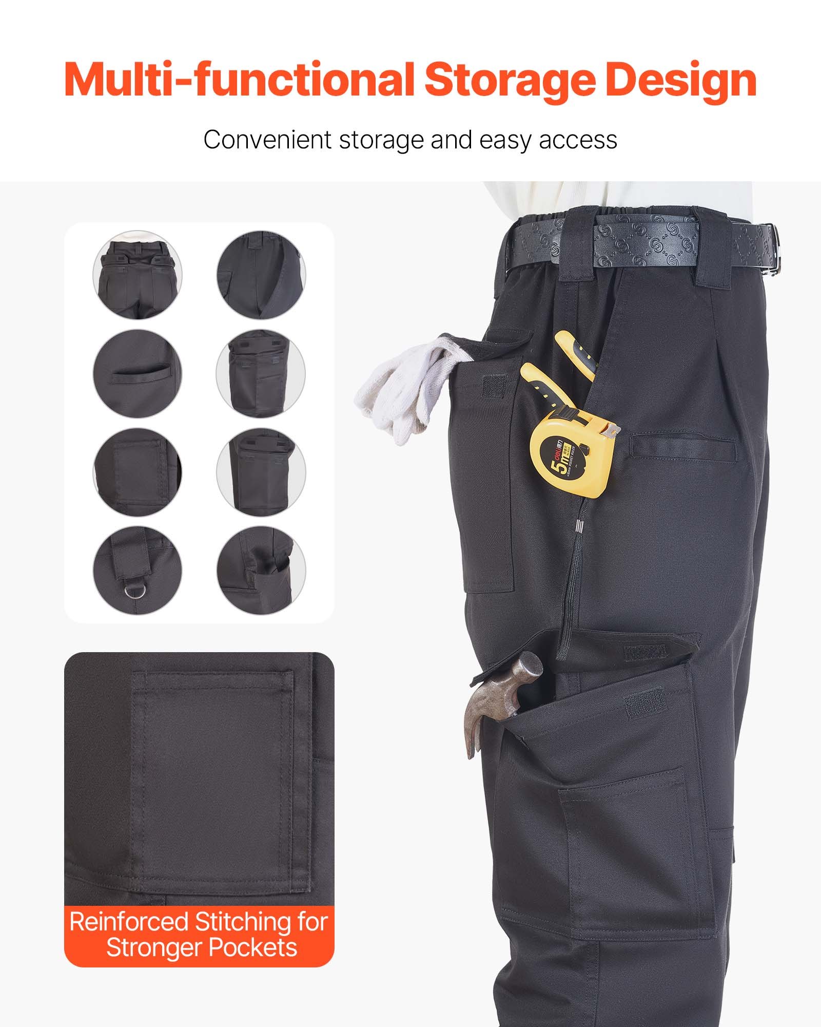 VEVOR Pantalones Resistentes al Fuego, Hombre, 100 % Algodón, con Múltiples Bolsillos y Cintura Elástica, Costuras Reforzadas Antidesgarro, a Trabajos de Soldadura y Ropa Informal, Talla M, Negro
