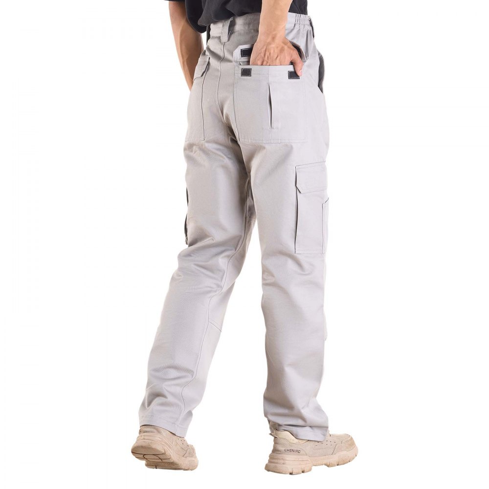 VEVOR Pantalones Resistentes al Fuego, Hombre, 100 % Algodón, con Múltiples Bolsillos y Cintura Elástica, Costuras Reforzadas Antidesgarro, a Trabajos de Soldadura y Ropa Informal, Talla XXL, Gris