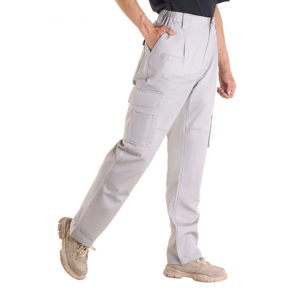 VEVOR Pantalones Resistentes al Fuego, Hombre, 100 % Algodón, con Múltiples Bolsillos y Cintura Elástica, Costuras Reforzadas Antidesgarro, a Trabajos de Soldadura y Ropa Informal, Talla XXL, Gris