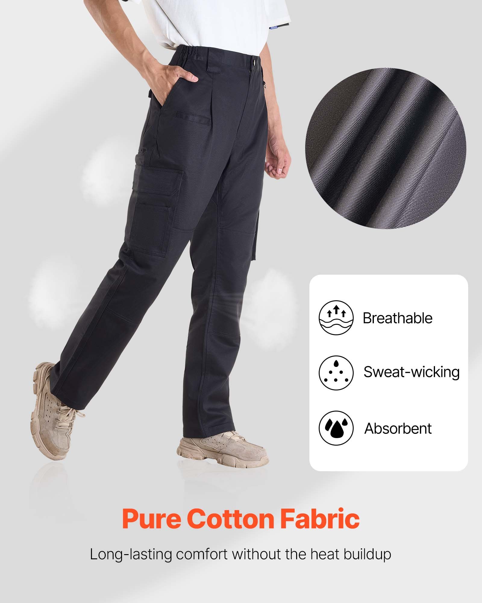 VEVOR Pantalones Resistentes al Fuego, Hombre, 100 % Algodón, con Múltiples Bolsillos Cintura Elástica, Costuras Reforzadas Antidesgarro, a Trabajos de Soldadura y Ropa Informal, Talla XXL, Negro