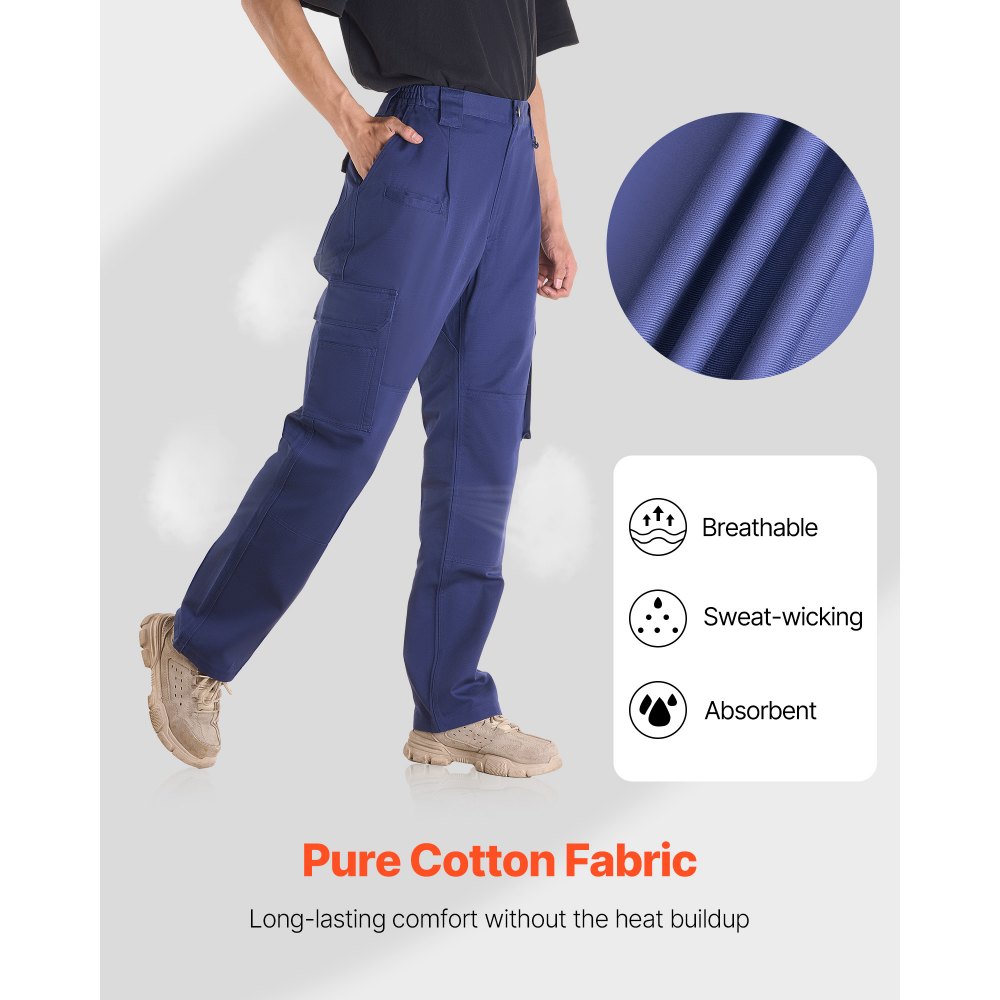 VEVOR FR Pants for Men, 100% Cotton, Flame-Resistant Cargo Pants with Multi-Pockets and Elastic Waist, Reinforced Tear-proof Stitching, Ideal for Welding Work and Casual Wear, M Size, Dark Blue