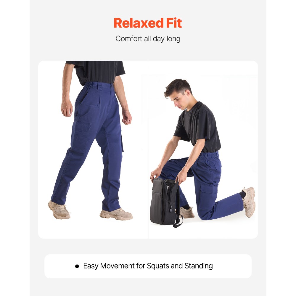 VEVOR FR Pants for Men, 100% Cotton, Flame-Resistant Cargo Pants with Multi-Pockets and Elastic Waist, Reinforced Tear-proof Stitching, Ideal for Welding Work and Casual Wear, M Size, Dark Blue
