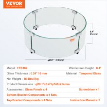 VEVOR Protector contra el viento para brasero, 740x214 mm Pantalla contra el viento de vidrio templado Pantalla protectora redonda Protector de llama transparente a prueba de viento Espesor 6 mm