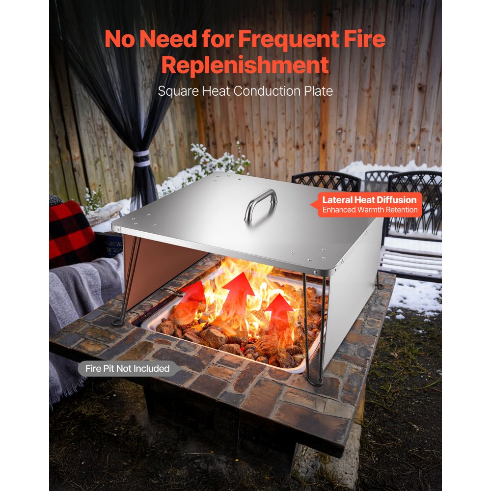 VEVOR Fire Pit Heat Deflector, 645x645x370 mm Square Outdoor Burner Cover, Stainless Steel Bonfire Camping Wood Burning, Push Heat Down and Out with 4 Foldable Legs & Carrying Handle