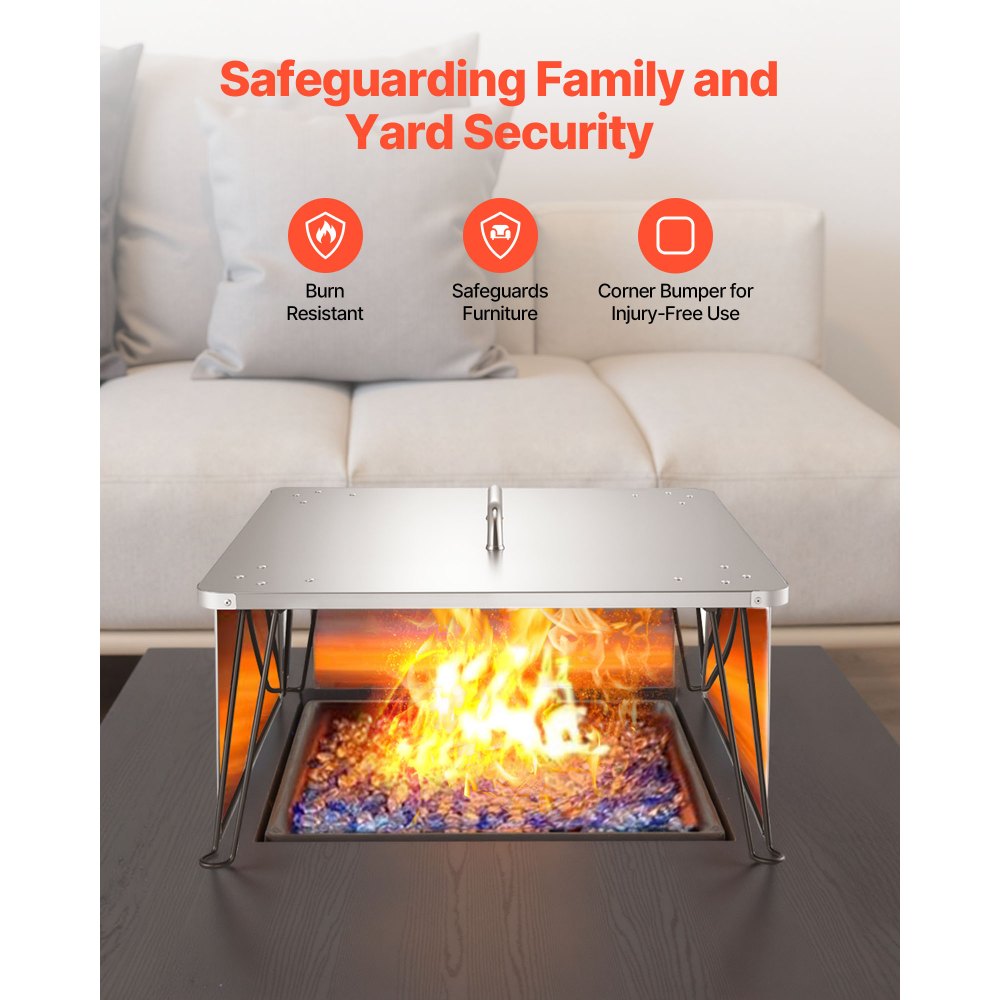 VEVOR Fire Pit Heat Deflector, 645x645x370 mm Square Outdoor Burner Cover, Stainless Steel Bonfire Camping Wood Burning, Push Heat Down and Out with 4 Foldable Legs & Carrying Handle