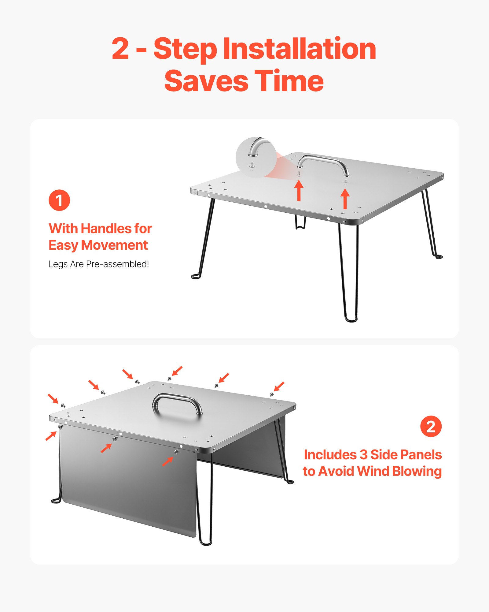 VEVOR Deflector de Calor para Fogatas, Cubierta Cuadrada para Quemador Exterior 645 x 645 x 370 mm, Acero Inoxidable, para Camping, con 4 Patas Plegables y Asa de Transporte, a Prueba de Chispas