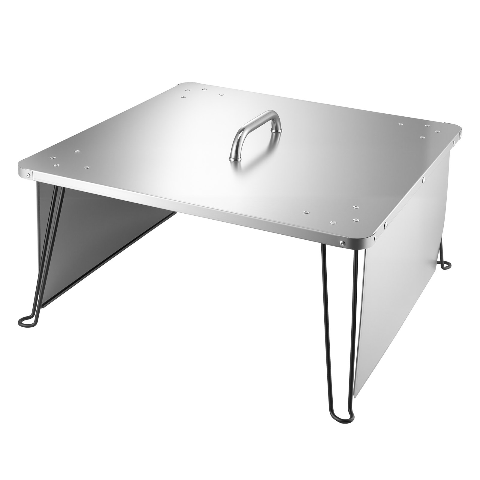 VEVOR Deflector de Calor para Fogatas, Cubierta Cuadrada para Quemador Exterior 645 x 645 x 370 mm, Acero Inoxidable, para Camping, con 4 Patas Plegables y Asa de Transporte, a Prueba de Chispas
