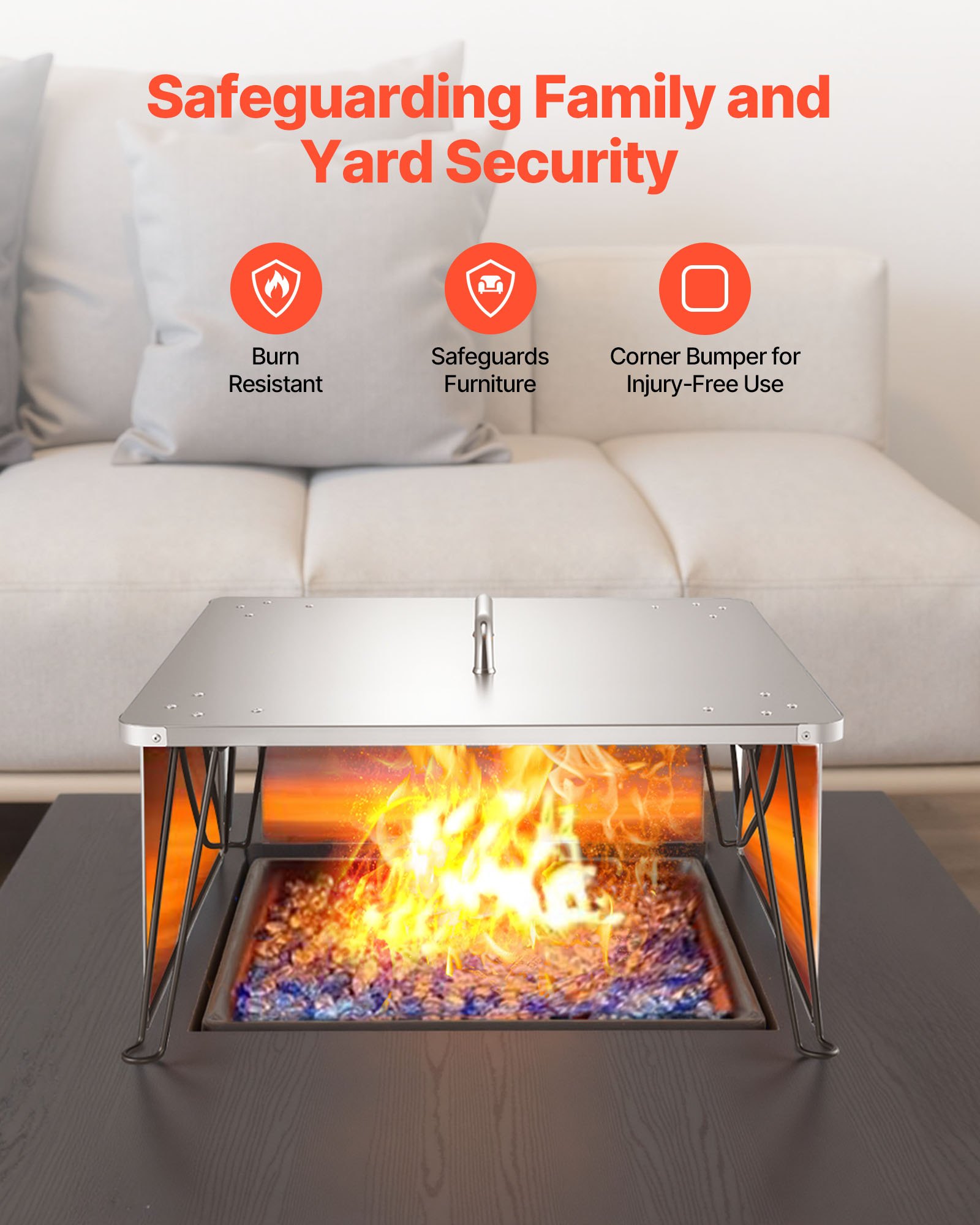 VEVOR Fire Pit Heat Deflector, 645x645x370 mm Square Outdoor Burner Cover, Stainless Steel Bonfire Camping Wood Burning, Push Heat Down and Out with 4 Foldable Legs & Carrying Handle