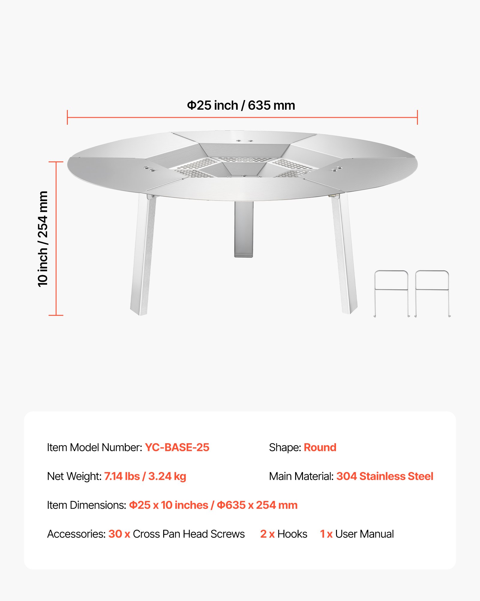 VEVOR Deflector de Calor para Fogatas para Estufa, Protector de Calor Redondo de 635 mm para Fogatas de Leña, Acero Inoxidable 304, Cubierta de Quemador Desmontable, Accesorios de Camping, Plata