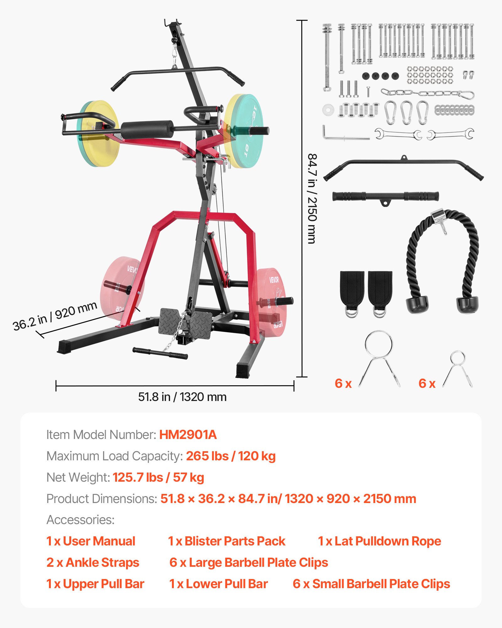 VEVOR Equipo de Gimnasio en Casa a Sentadillas, Estación de Potencia con Palanca y Sistema LAT, Polea Baja con Relación 2:1, a Curl de Bíceps y Entrenamiento Cuerpo Completo, 1360 x 640 x 220 mm