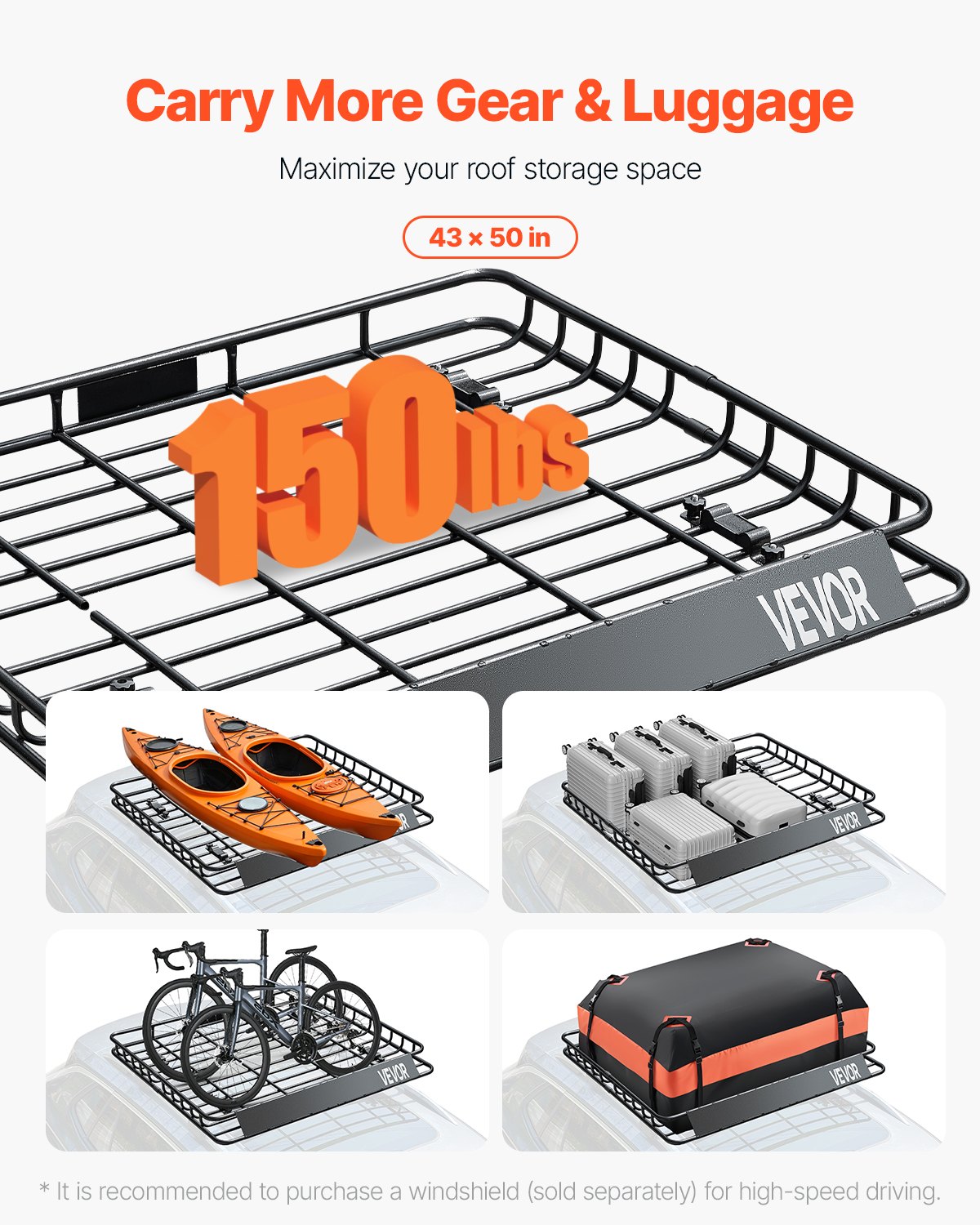 VEVOR Roof Rack Basket (1095 x 1270 x 105 mm) Universal Roof Rack Made of Stainless Alloy Steel with 68 kg Max. Load Capacity, Car Roof Rack for SUVs and Trucks