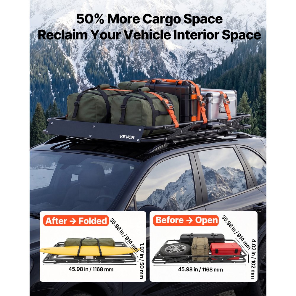 VEVOR Portaequipajes para Techo 116,8 x 91,4 x 10,2 cm Plegable, Cesta de Techo para Coche Carga de 90,72 kg, Portaequipajes de Coche para Todo Tipo de Clima, Cesta de Equipaje para SUV, Camioneta