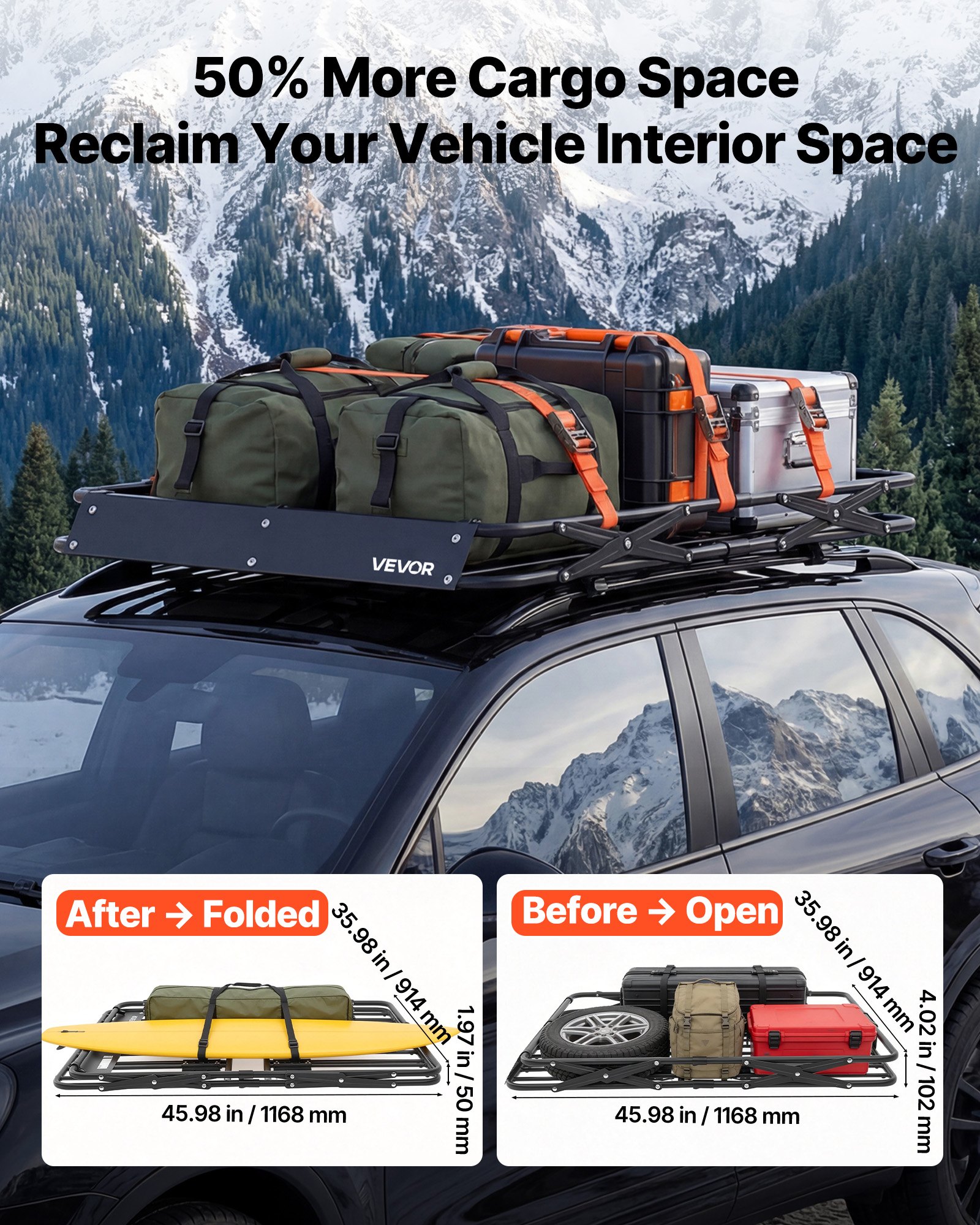 VEVOR Portaequipajes para Techo 116,8 x 91,4 x 10,2 cm Plegable, Cesta de Techo para Coche Carga de 90,72 kg, Portaequipajes de Coche para Todo Tipo de Clima, Cesta de Equipaje para SUV, Camioneta