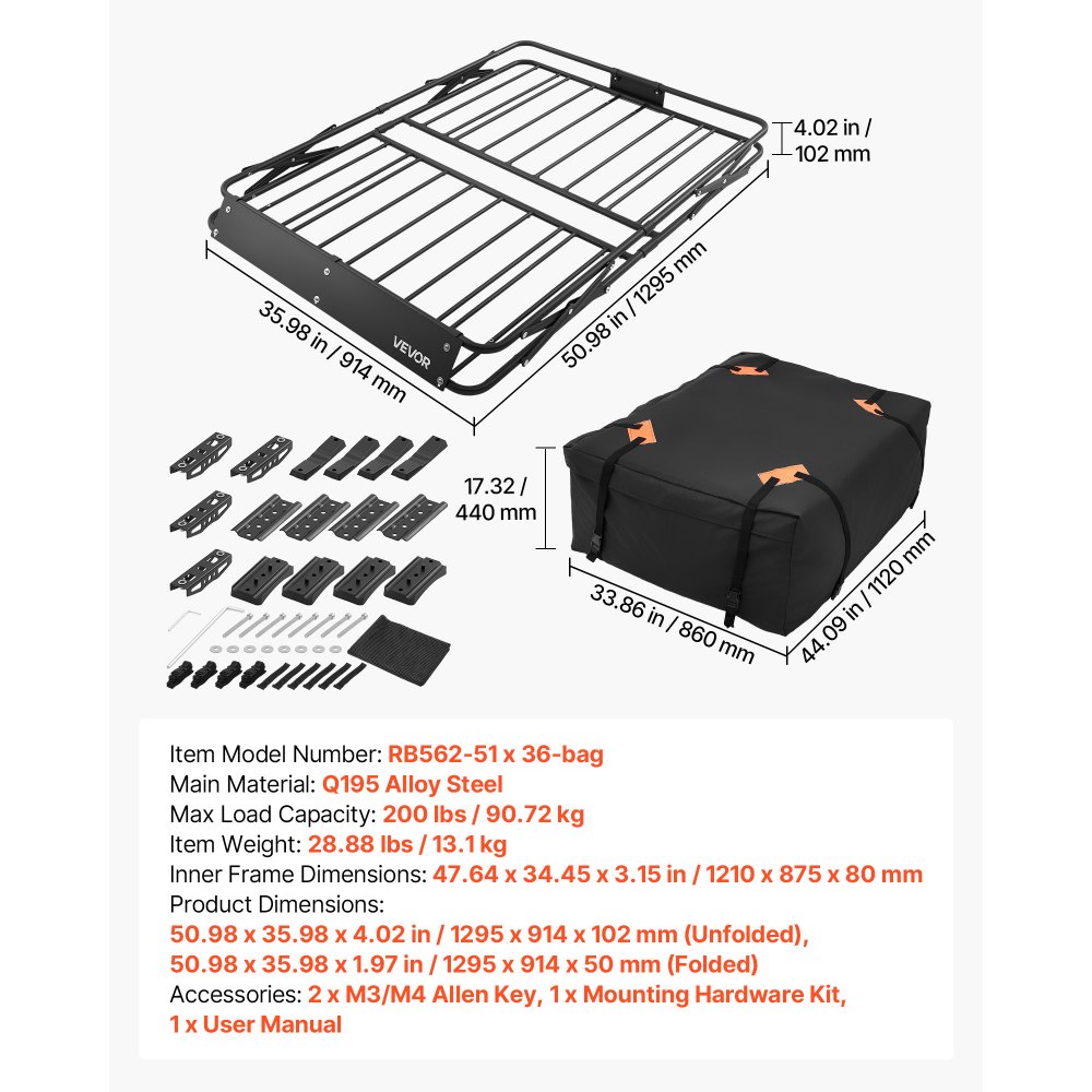 VEVOR Portaequipajes para Techo 129,5 x 91,4 x 10,2 cm Plegable, Cesta de Techo para Coche Carga de 90,72 kg, Portaequipajes de Coche para Todo Tipo de Clima, Cesta de Equipaje para SUV, Camioneta