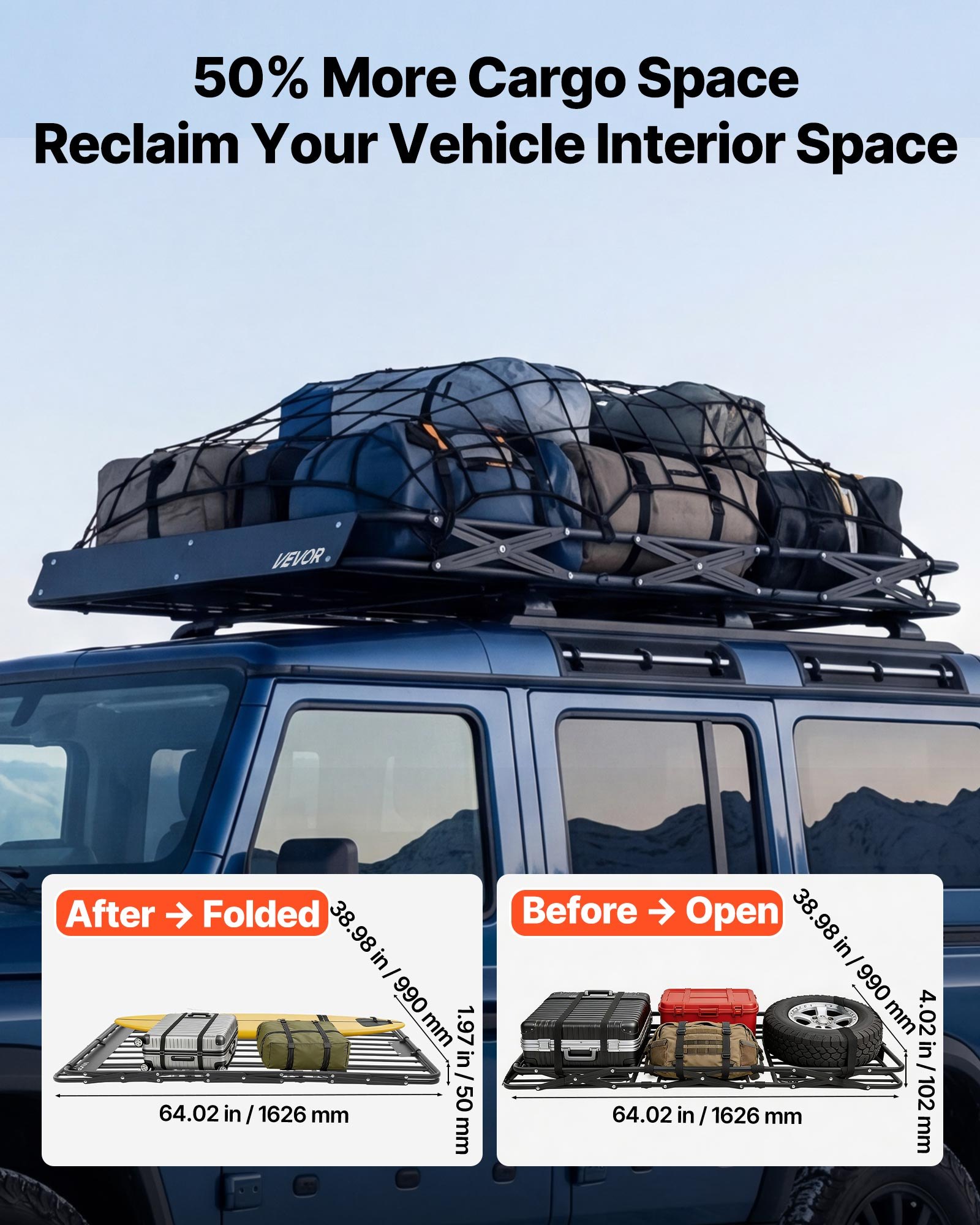 VEVOR Portaequipajes para Techo 162,6 x 99 x 10,2 cm Plegable, Cesta de Techo para Coche Carga de 90,72 kg, Portaequipajes de Coche para Todo Tipo de Clima, Cesta de Equipaje para SUV, Camioneta