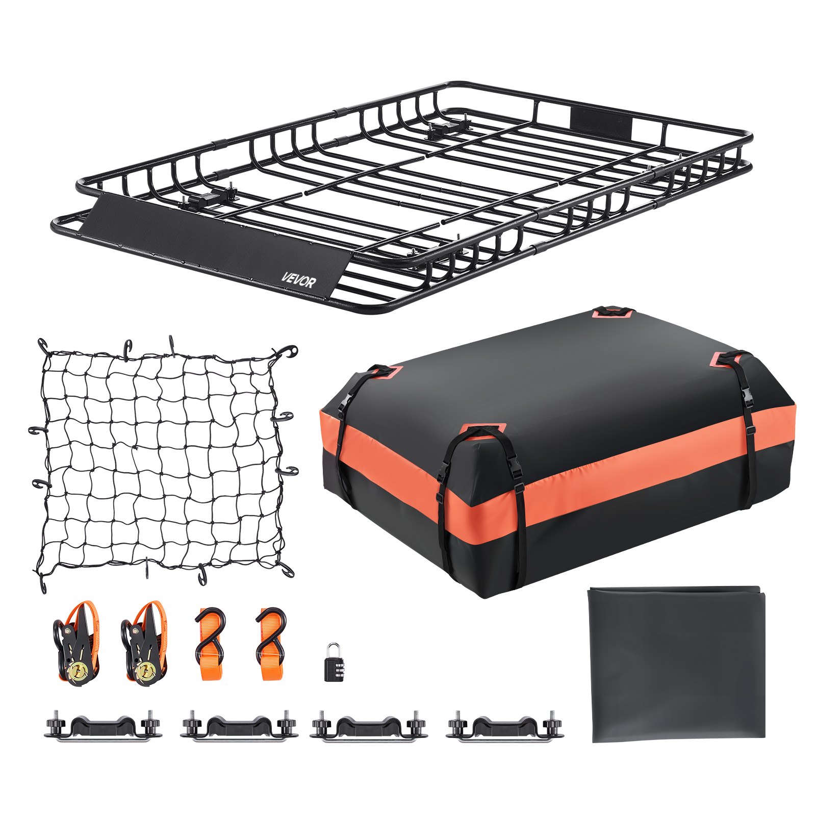 VEVOR Cesta Portaequipajes de Techo 162,5 x 99 x 10,5 cm Carga de 90,7 kg, De Acero de Aleación, Con Bolsa de Carga de 112 x 87 x 26 cm, Red, Correas de Trinquete, Para SUV, Camioneta, Automóvil