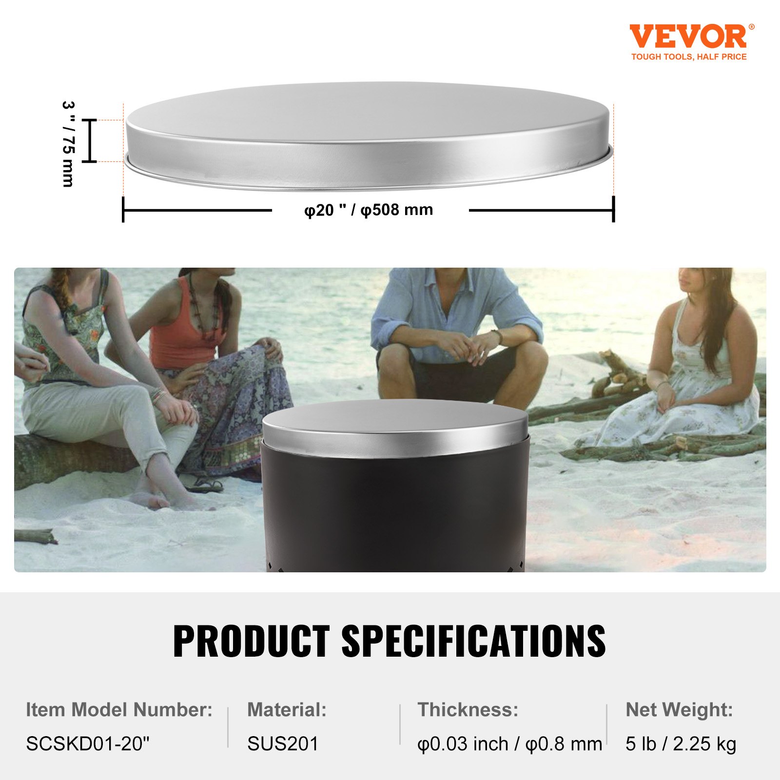 VEVOR φ 508 mm stainless steel fire pit lid SUS304 fire bowl lid 0.8 mm thick rust resistance heat tolerance fire bowl cover effectively prevents sparks and ash from splashing