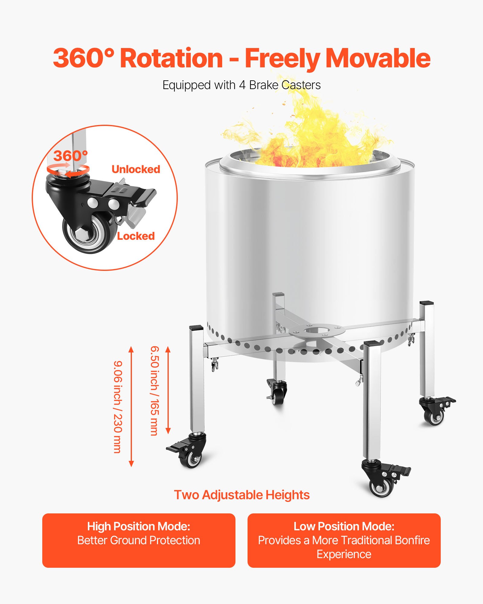 VEVOR Fire Pit Stand, 38-68.6 cm Adjustable Stretch with 4 Casters, Firepit Stand for Solo Stove Bonfire Ranger Yukon & Other Outside Firepit, Stainless Steel Camping Fire Pit Accessory for Fireplace