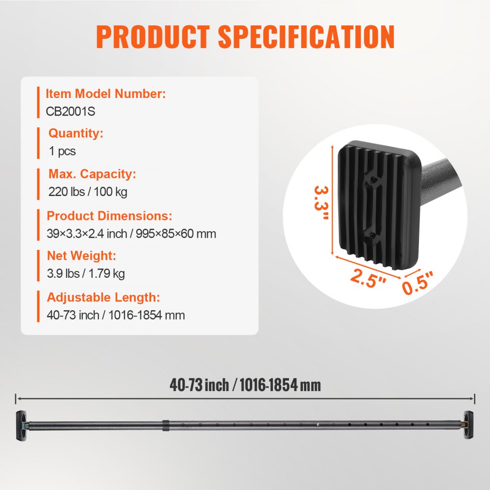 VEVOR Barra de Carga de Camión Parada Deslizante Ajustable 1016-1854 mm, Barra Estabilizadora de Carga de Acero Resistente con Capacidad 100 kg, para Camioneta, SUV, Minitruck, 995 x 85 x 60 mm
