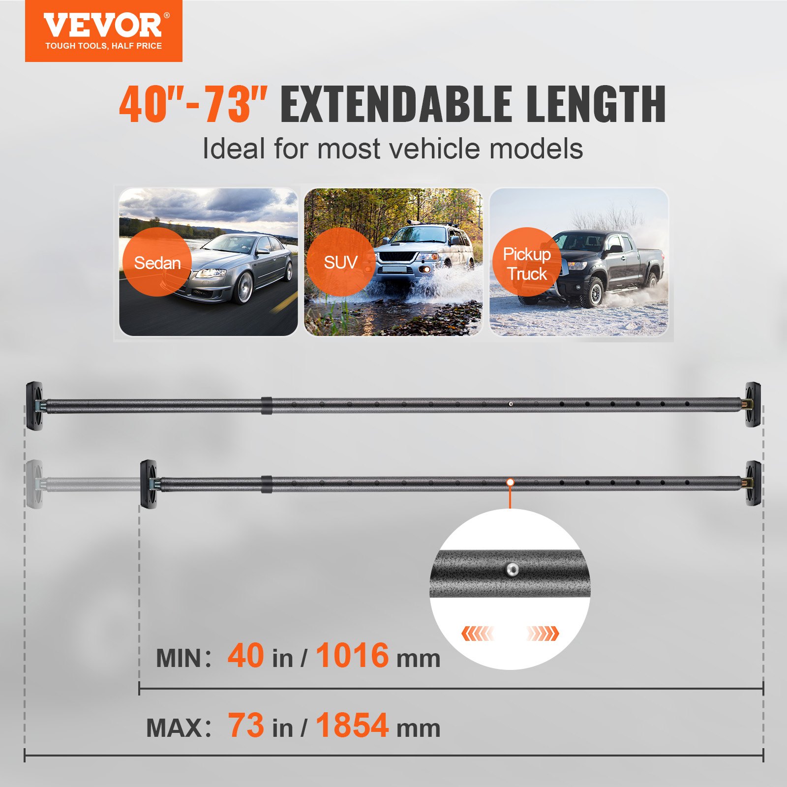 VEVOR Barra de Carga de Camión Parada Deslizante Ajustable 1016-1854 mm, Barra Estabilizadora de Carga de Acero Resistente con Capacidad 100 kg, para Camioneta, SUV, Minitruck, 995 x 85 x 60 mm