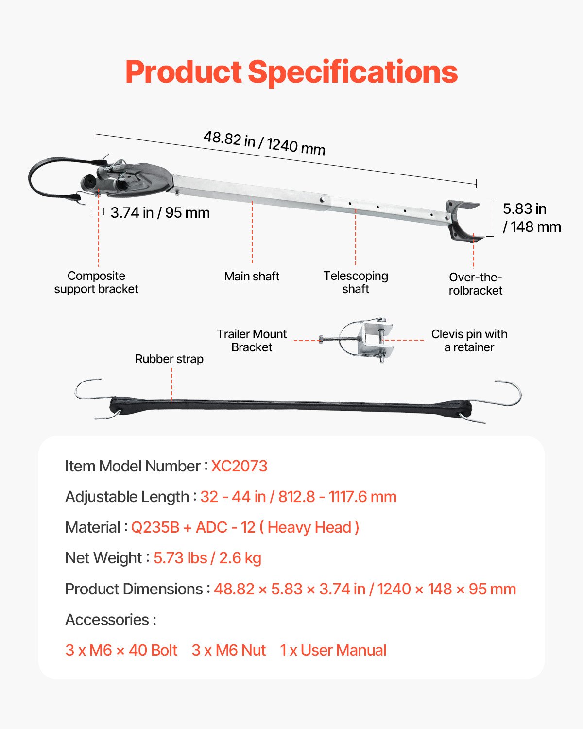 VEVOR Protector de Espejo de Popa Ajustable(812,8-1117,6 mm) con Cabezal Robusto, Resistente a la Corrosión para Motores Fueraborda Menos 100 CV, para Barco con Remolque Scooter, 1240 x 148 x 95 mm