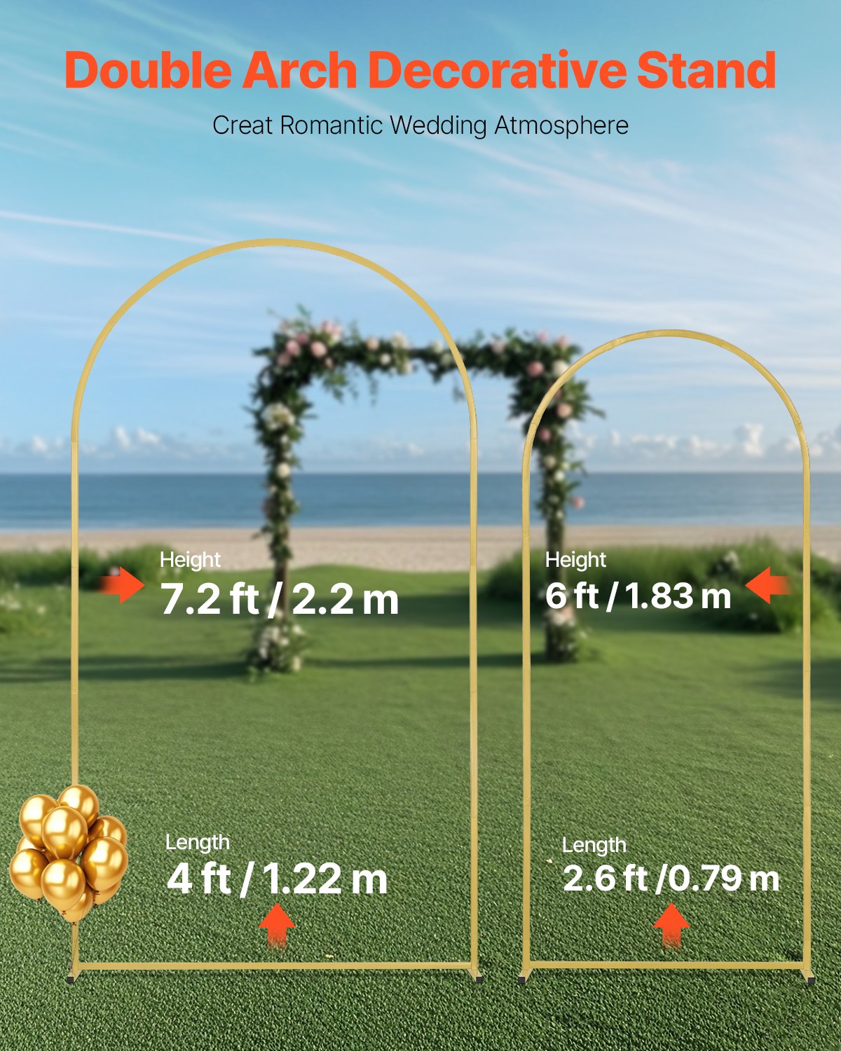 VEVOR 2 PCS Soporte de Fondo para Arco de Boda de 2200/1805 mm, Soporte con Conexión de Caja y Diseño de Barra Transversal de Chasis, Soporte Dorado para Cumpleaños, Celebraciones, Vacaciones