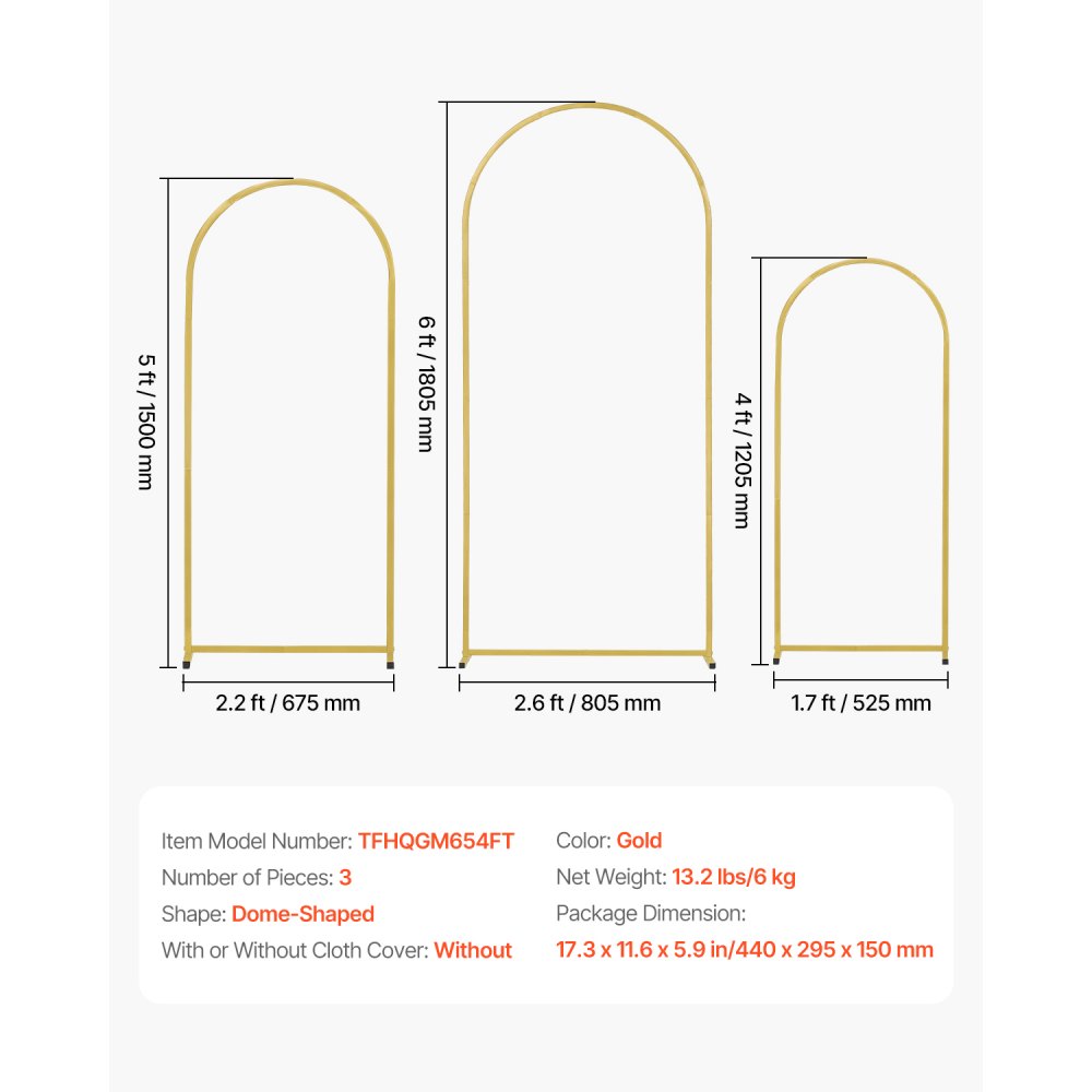 VEVOR Wedding Arch, Set of 3, 1.2/1.5/1.8m Wedding Arch with Housing Connection and Chassis Crossbar Design, Easy-to-Assemble Metal Stand, Suitable for Birthdays, Celebrations, Holidays