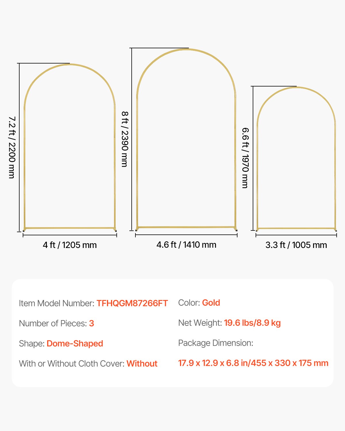 VEVOR 3 PCS Soportes de Fondo para Arco de Boda de 2390/2200/1970 mm, Soporte con Conexión de Caja y Diseño de Barra Transversal de Chasis, Soporte Dorado para Cumpleaños, Celebraciones, Vacaciones