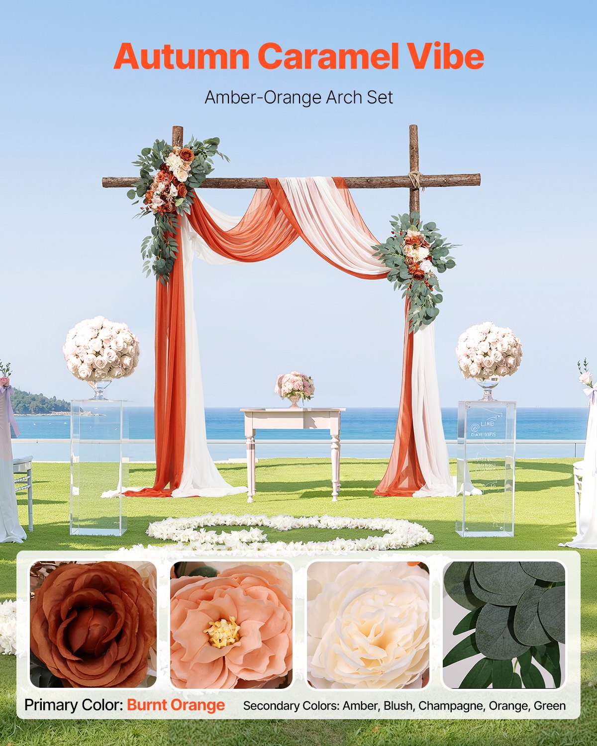 VEVOR Floral Set for Wedding Arch, Orange Flowers for Wedding Arch with Curtains (Set of 4) – 2 Flower Arrangements, 2 Sheer Curtains, for Ceremony Bouquets, Reception Backdrop Decoration