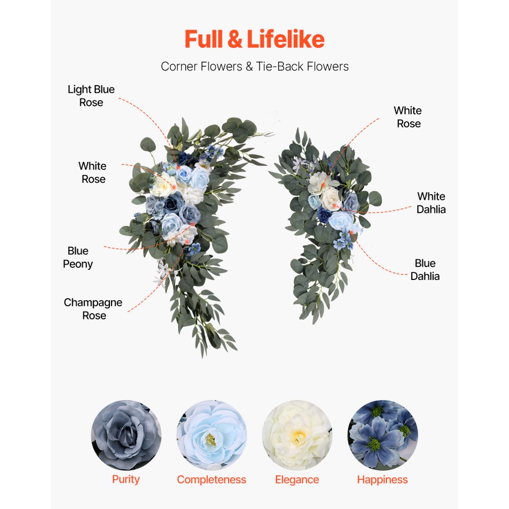 VEVOR Kit de Arco de Flores Artificiales Azules para Bodas, con Cortinas, 2 Piezas de Arreglos Florales, 2 Piezas de Cortinas Transparentes, para Decoración de Ramos de Ceremonia, Recepción y Fondo