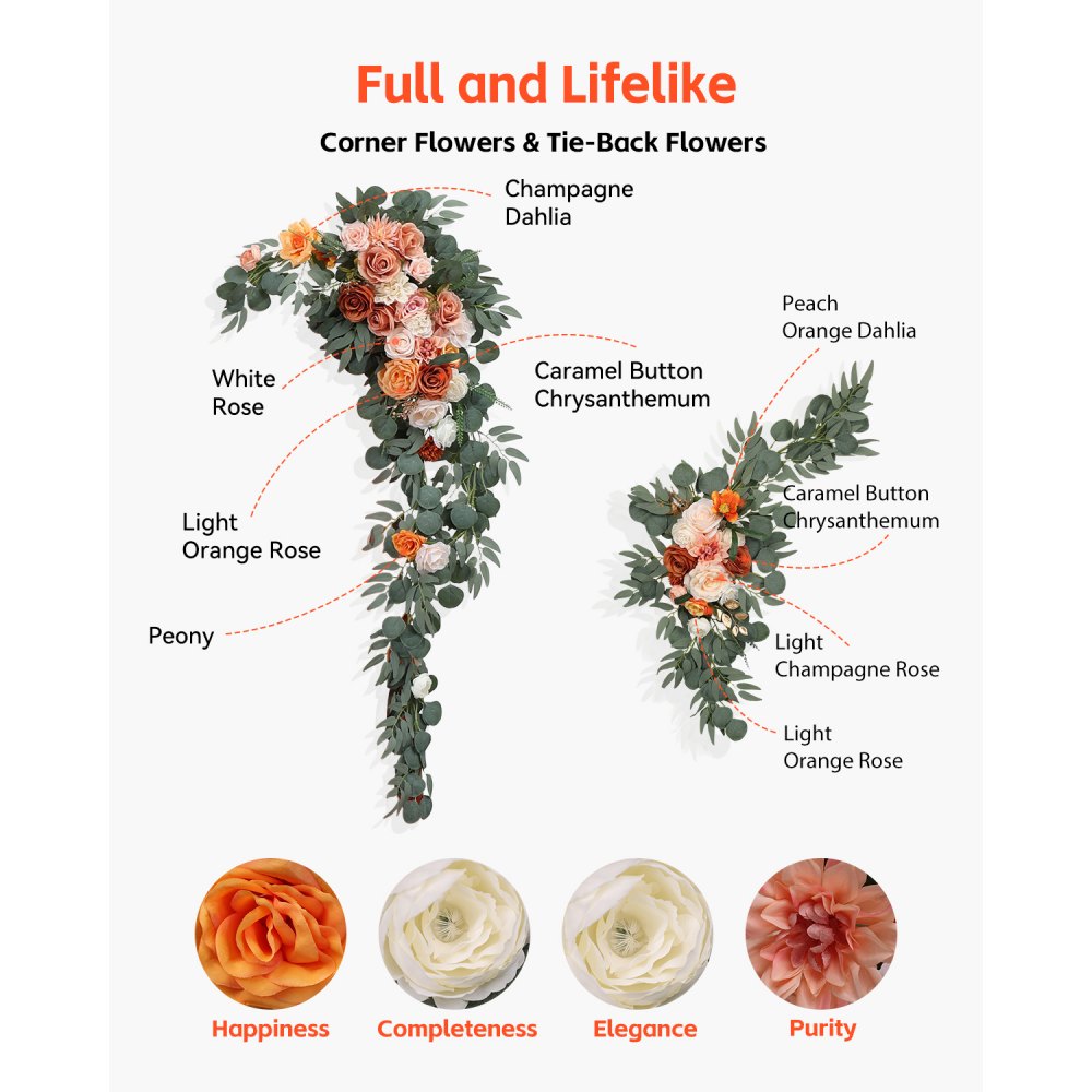 VEVOR Kit de Arcos de Flores Artificiales Naranja para Bodas, con Cortinas, 2 Piezas de Arreglos Florales, 3 Piezas de Cortinas Transparentes, para Ramos de Ceremonia, Decoración de Fondo de Recepción