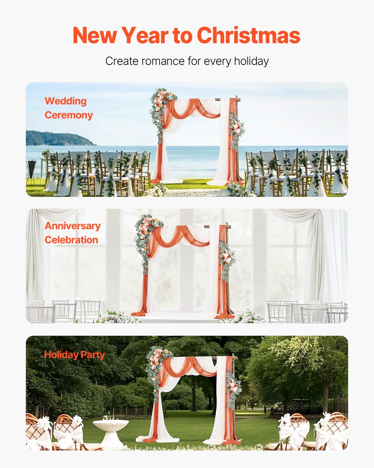 VEVOR Kit de Arcos de Flores Artificiales Naranja para Bodas, con Cortinas, 2 Piezas de Arreglos Florales, 3 Piezas de Cortinas Transparentes, para Ramos de Ceremonia, Decoración de Fondo de Recepción