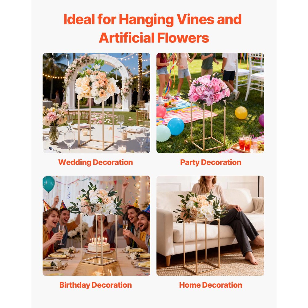 VEVOR Soporte Floral Dorado para Bodas, Forma de Columna, con Laminado Acrílico, Estante Rectangular Dorado para Exhibición de Flores en Bodas, Fiestas, Cumpleaños y Hogar, Carga 15 kg, 10 uds