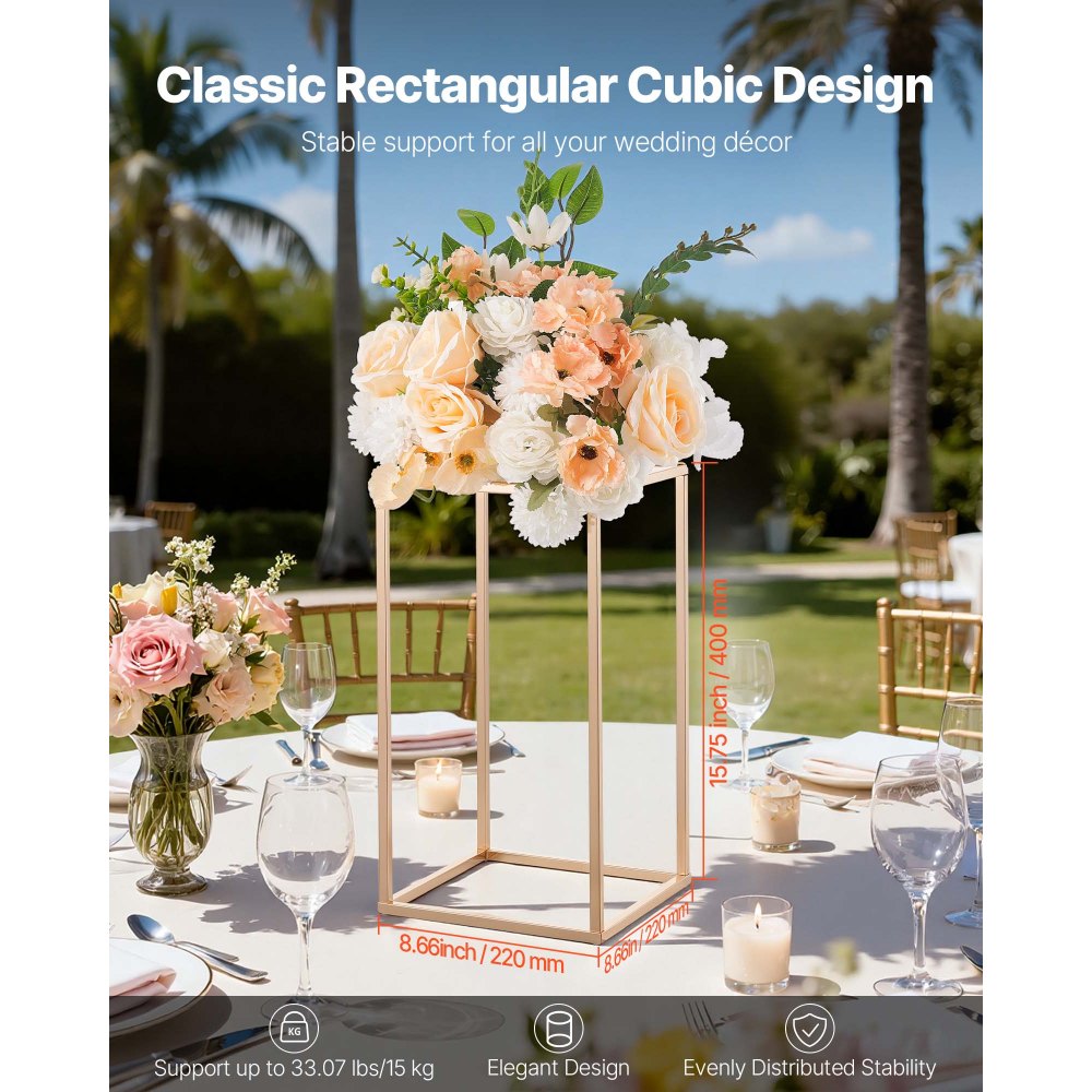 VEVOR Soporte Floral Dorado Francés para Bodas, Forma de Columna, con Laminado Acrílico, Estante Rectangular para Exhibición de Flores en Bodas, Fiestas, Cumpleaños y Hogar, Carga 15 kg, 10 Unidades
