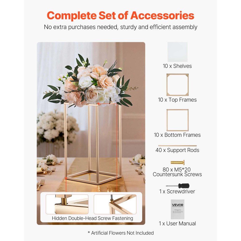 VEVOR Soporte Floral Dorado Francés para Bodas, Forma de Columna, con Laminado Acrílico, Estante Rectangular para Exhibición de Flores en Bodas, Fiestas, Cumpleaños y Hogar, Carga 15 kg, 10 Unidades