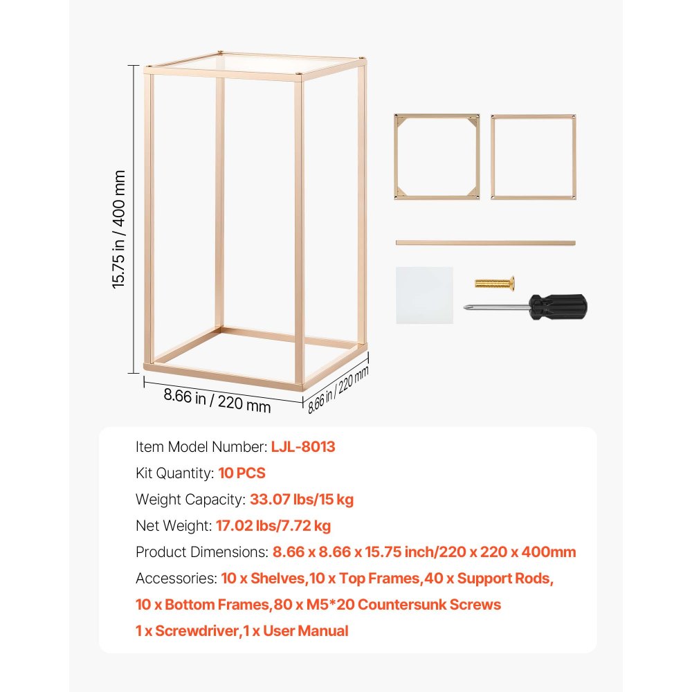 VEVOR Soporte Floral Dorado Francés para Bodas, Forma de Columna, con Laminado Acrílico, Estante Rectangular para Exhibición de Flores en Bodas, Fiestas, Cumpleaños y Hogar, Carga 15 kg, 10 Unidades