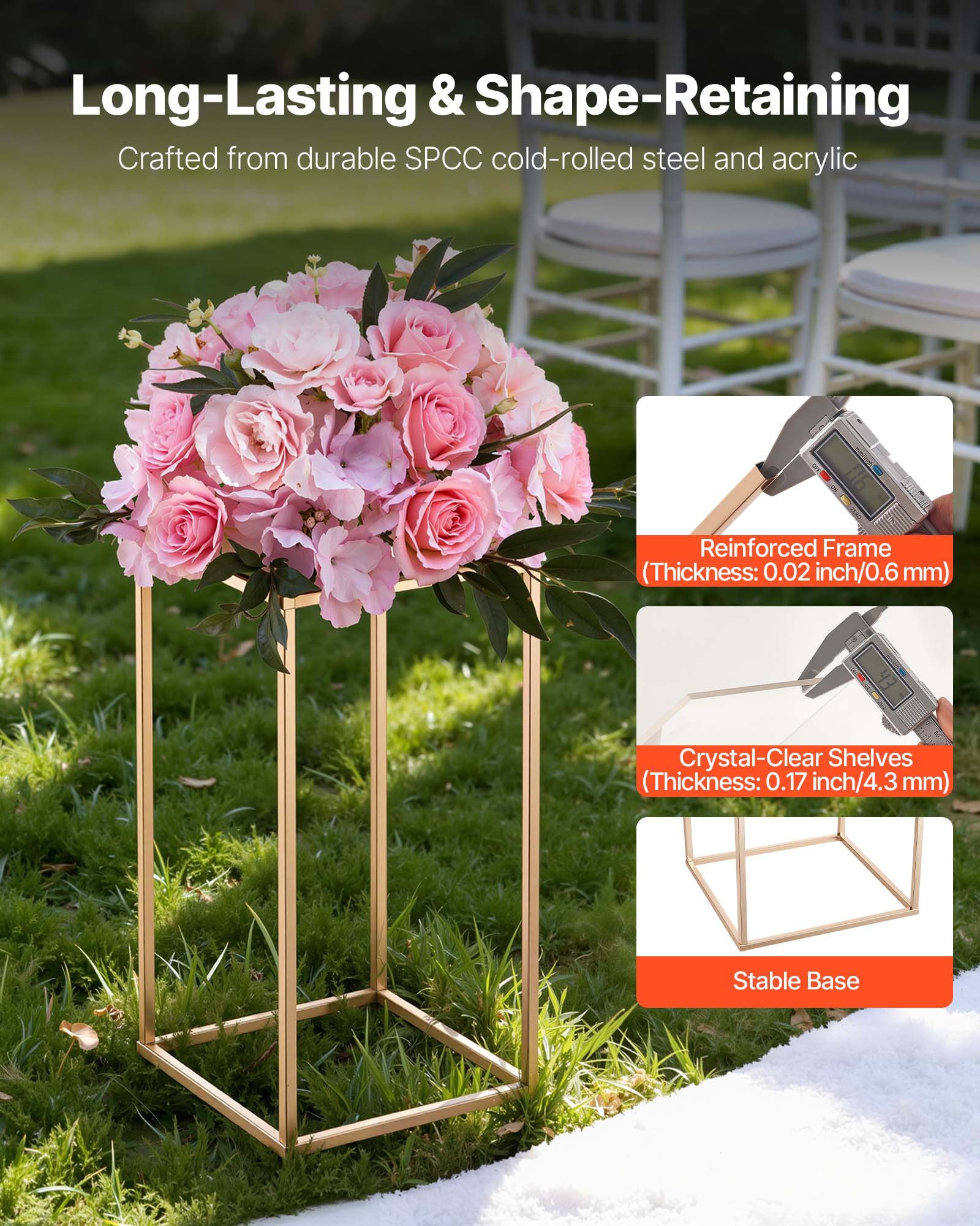 VEVOR Soporte Floral Dorado para Bodas, Forma de Columna, con Laminado Acrílico, Estante Rectangular Dorado para Exhibición de Flores en Bodas, Fiestas, Cumpleaños y Hogar, Carga 15 kg, 10 uds