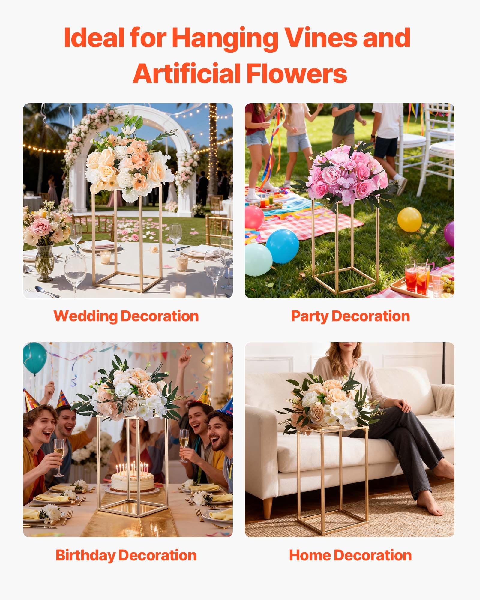 VEVOR Soporte Floral Dorado para Bodas, Forma de Columna, con Laminado Acrílico, Estante Rectangular Dorado para Exhibición de Flores en Bodas, Fiestas, Cumpleaños y Hogar, Carga 15 kg, 10 uds