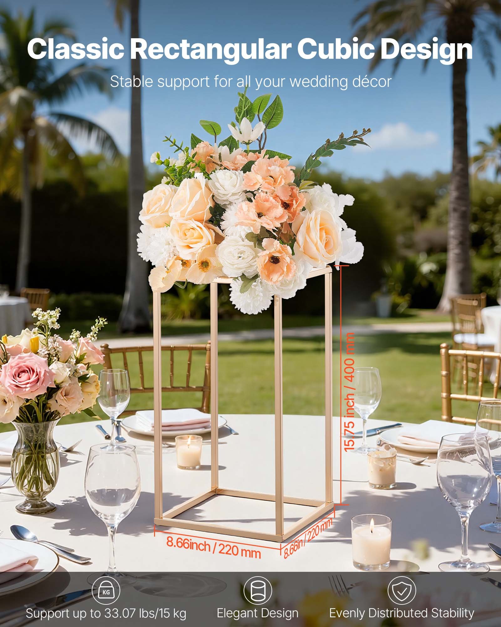 VEVOR Soporte Floral Dorado Francés para Bodas, Forma de Columna, con Laminado Acrílico, Estante Rectangular para Exhibición de Flores en Bodas, Fiestas, Cumpleaños y Hogar, Carga 15 kg, 10 Unidades