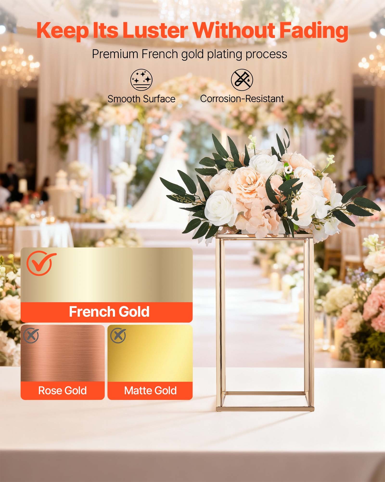 VEVOR Soporte Floral Dorado Francés para Bodas, Forma de Columna, con Laminado Acrílico, Estante Rectangular para Exhibición de Flores en Bodas, Fiestas, Cumpleaños y Hogar, Carga 15 kg, 10 Unidades