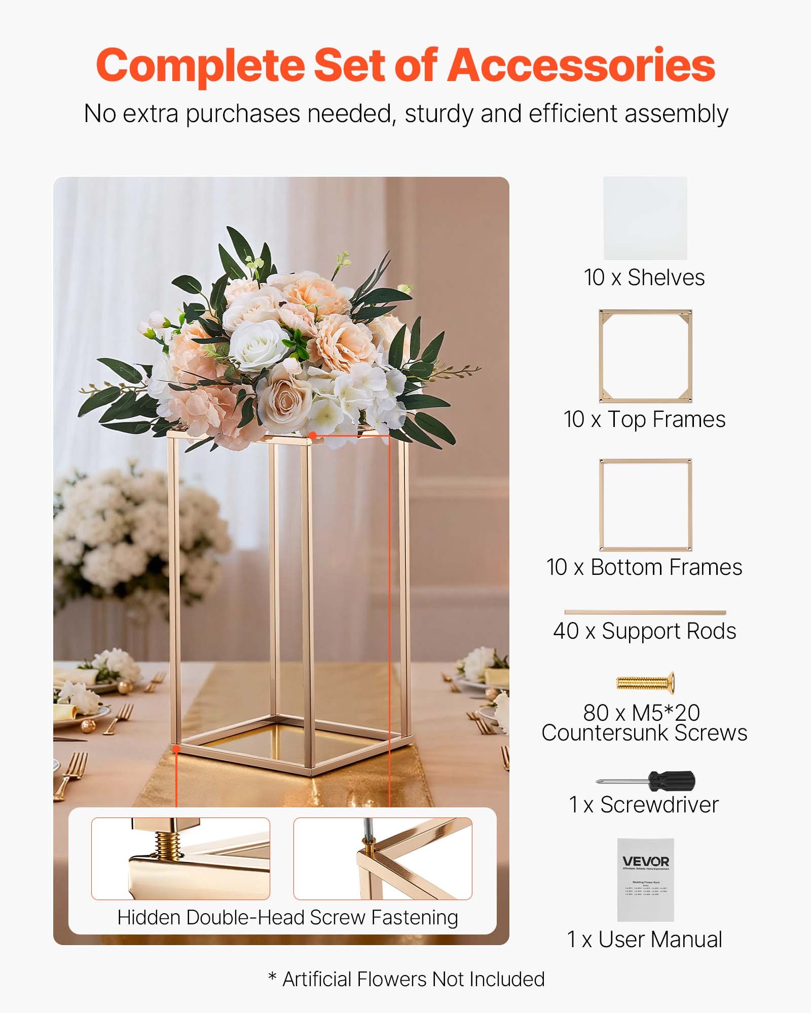 VEVOR Soporte Floral Dorado Francés para Bodas, Forma de Columna, con Laminado Acrílico, Estante Rectangular para Exhibición de Flores en Bodas, Fiestas, Cumpleaños y Hogar, Carga 15 kg, 10 Unidades