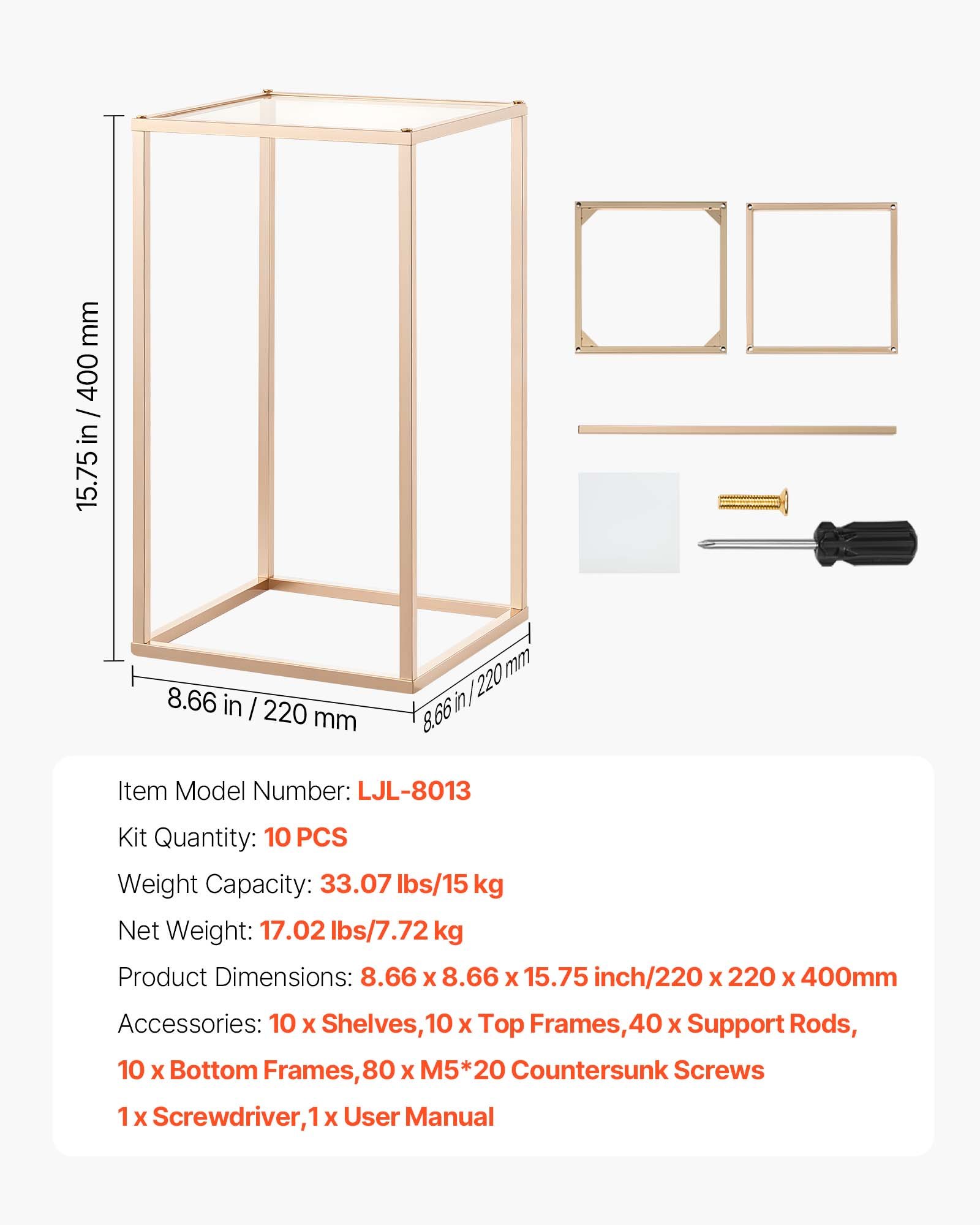 VEVOR Soporte Floral Dorado Francés para Bodas, Forma de Columna, con Laminado Acrílico, Estante Rectangular para Exhibición de Flores en Bodas, Fiestas, Cumpleaños y Hogar, Carga 15 kg, 10 Unidades