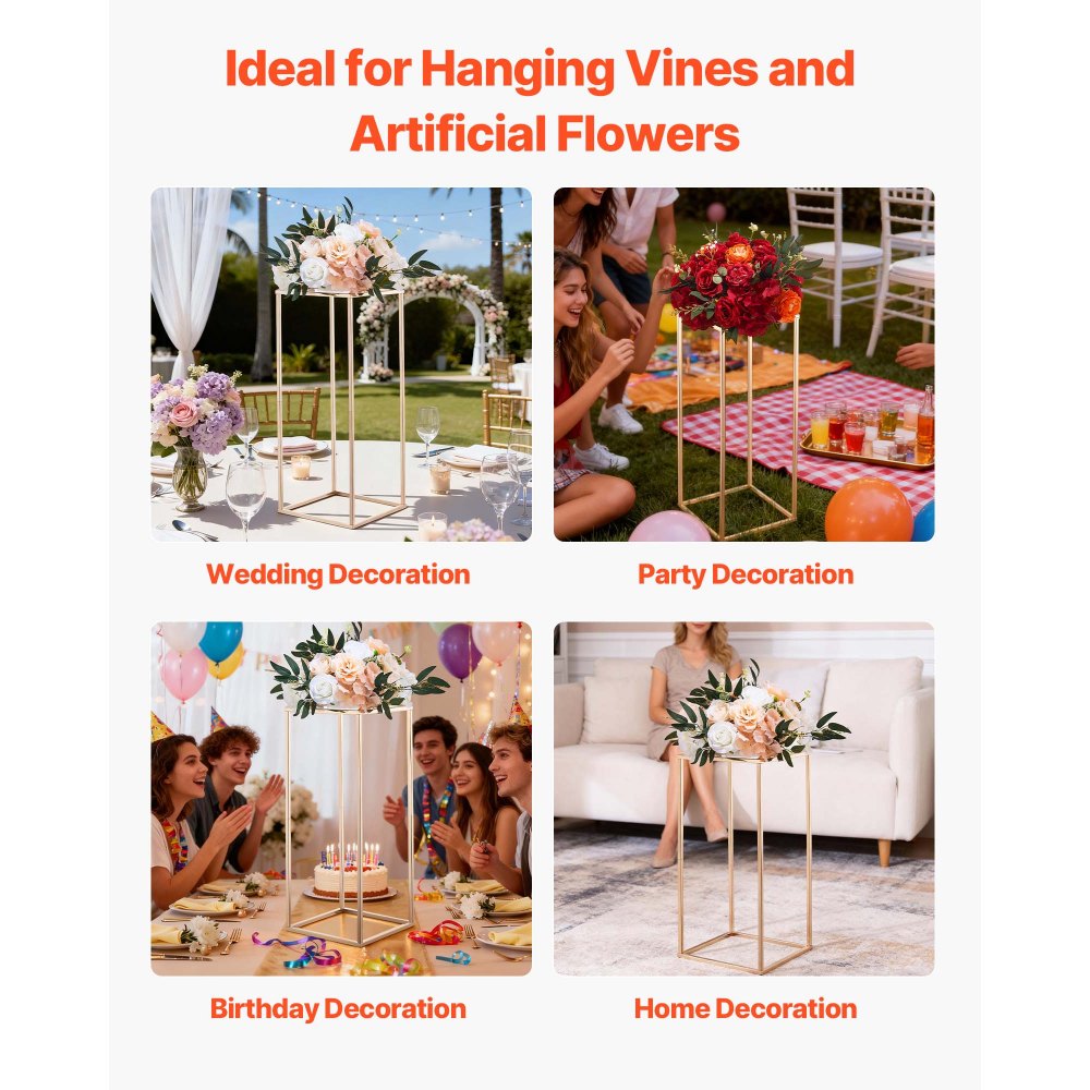 VEVOR Soporte Floral para Bodas, Taburetes Rectangulares Dorados Francés para Plantas, Soporta hasta 15 kg, Ideales para Bodas, Fiestas, Cumpleaños y Decoración de Mesas, 250 x 250 x 600 mm, 10 Piezas