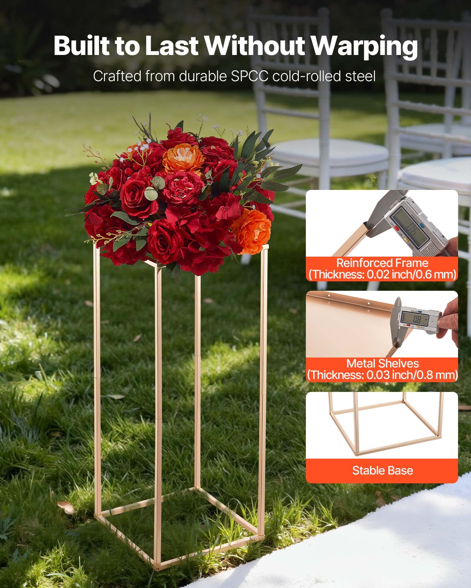 VEVOR Soporte Floral para Bodas, Taburetes Rectangulares Dorados Francés para Plantas, Soporta hasta 15 kg, Ideales para Bodas, Fiestas, Cumpleaños y Decoración de Mesas, 250 x 250 x 600 mm, 10 Piezas