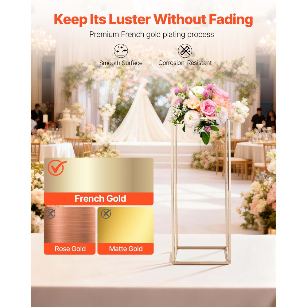 VEVOR Soporte Dorado Francés Floral para Bodas, en Forma de Columna, con Tornillos Ocultos, Estante Rectangular Cúbico para Exhibición de Flores en Fiestas Cumpleaños Hogar, 250 x 250 x 600 mm, 10 uds