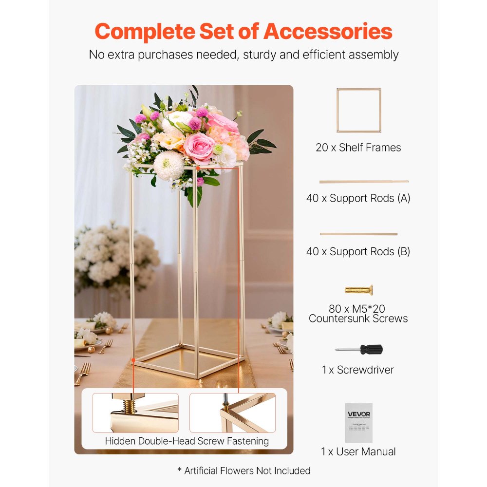VEVOR Soporte Dorado Francés Floral para Bodas, en Forma de Columna, con Tornillos Ocultos, Estante Rectangular Cúbico para Exhibición de Flores en Fiestas Cumpleaños Hogar, 250 x 250 x 600 mm, 10 uds