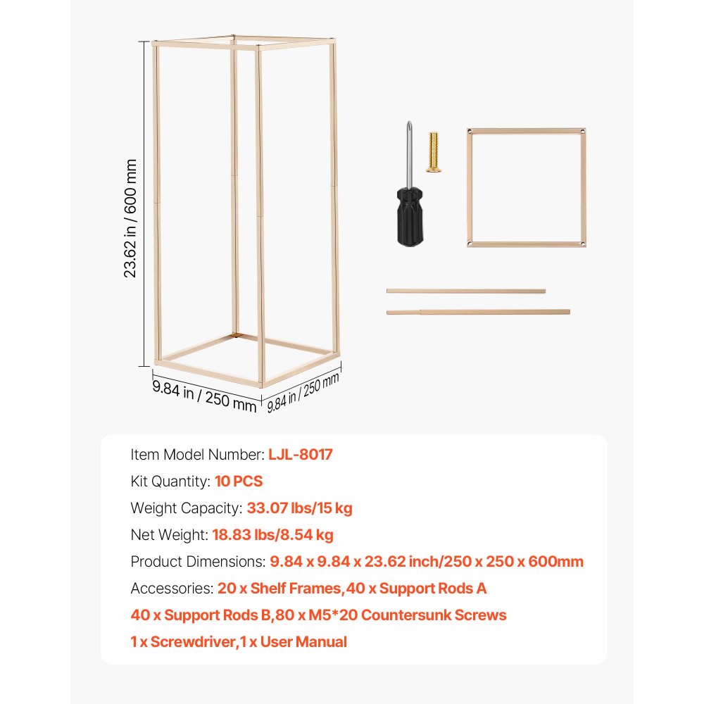 VEVOR Soporte Dorado Francés Floral para Bodas, en Forma de Columna, con Tornillos Ocultos, Estante Rectangular Cúbico para Exhibición de Flores en Fiestas Cumpleaños Hogar, 250 x 250 x 600 mm, 10 uds